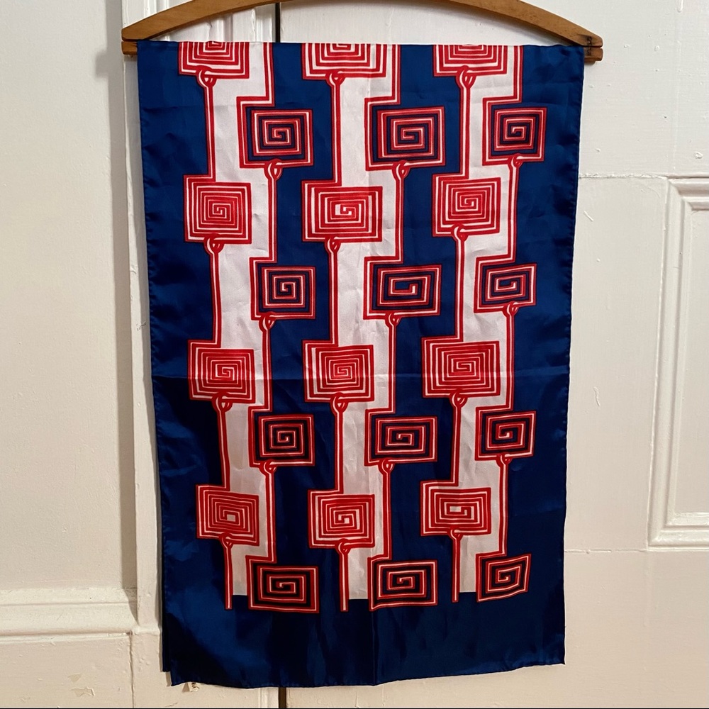 Vintage 70s Sillook Long Scarf Red White & Navy Blue Geometric 15" x 46" - Picture 15 of 15